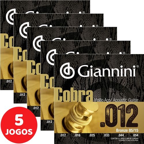 5 Encordoamento Giannini Cobra Violão Aço 012 053 GEEFLKS Bronze 85/15