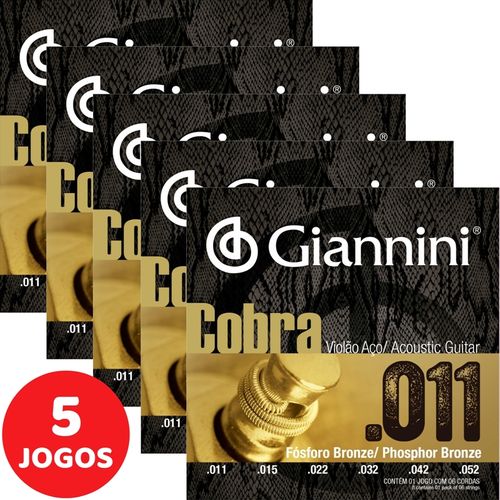 5 Encordoamento Giannini Cobra Violão Aço 011 052 GEEFLKF Fósforo Bronze