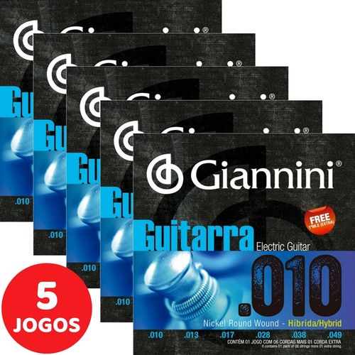 5 Encordoamento Giannini P/ Guitarra Híbrido 010 049 GEEGSTH10 Nickel R Wound