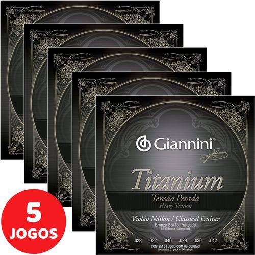 5 Encordoamento Giannini Titanium P/ Violão Nylon Tensão Pesada GENWTA
