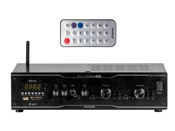 Amplificador para Som Ambiente 2x de 150W 4 Ohms, BIVOLT, Bluetooth, USB, FM e Entrada para Microfone Frahm SLIM 3800 APP