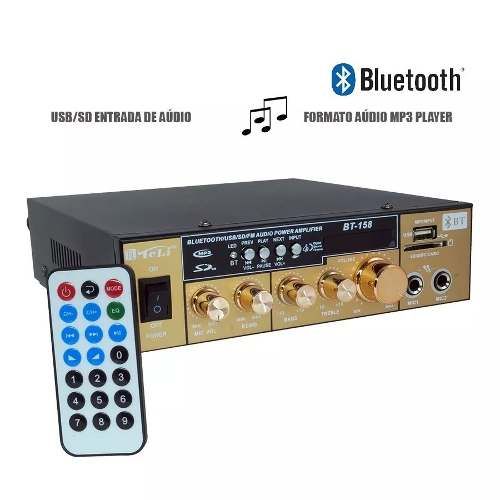 Amplificador Receptor Áudio MP3 USB Bluetooth + Controle