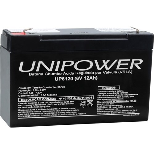 Bateria de Chumbo Ácida Selada 6V 12A Up6120 Unipower