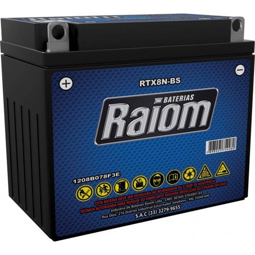 Bateria de Moto Raiom Rtx8n-Bs 7ah 12v Selada