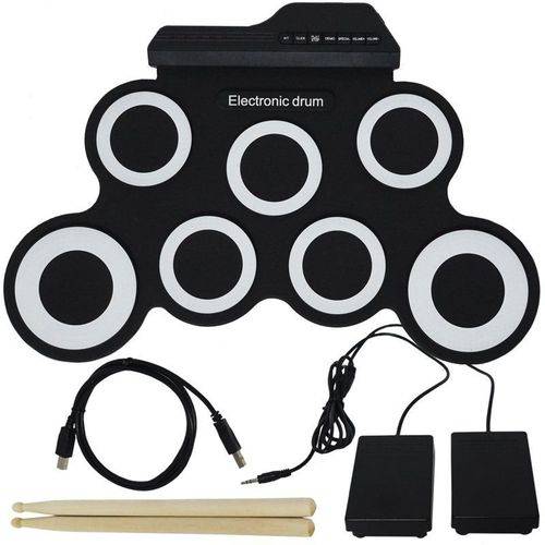 Bateria Eletrônica Musical Portátil Silicone Digital Drum 7 Pads 2 Pedais Baqueta IW-G3002 Preta