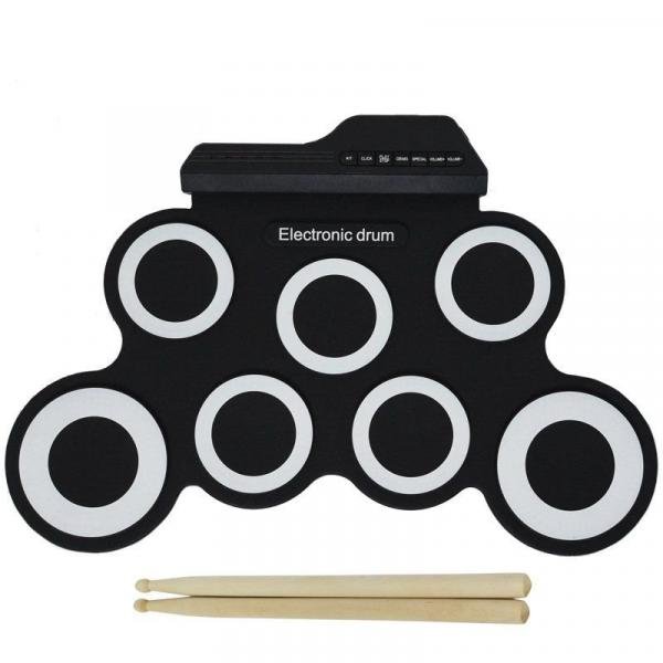 Bateria Elêtronica Musical Portátil Silicone Digital Drum 7 Pads 2 Pedais Baqueta IW-G3002 Preta