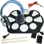 Bateria Eletrônica Musical Silicone Digital 10 Pads 2 Pedais Baqueta EMT-S9 com Headfone Preto Azul