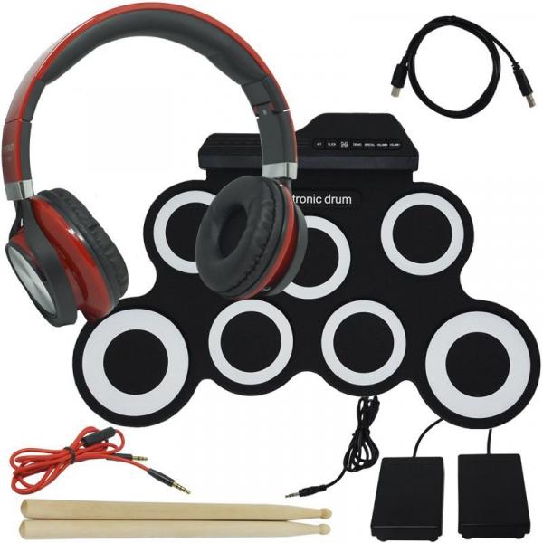 Bateria Eletrônica Musical Silicone Digital 7 Pads 2 Pedais Baqueta IW-G3002 com Headfone - Digital Drum/infok