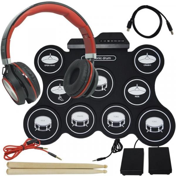 Bateria Eletrônica Musical Silicone Digital 9 Pads 2 Pedais Baqueta IW-4009 com Headfone - Digital Drum/infok