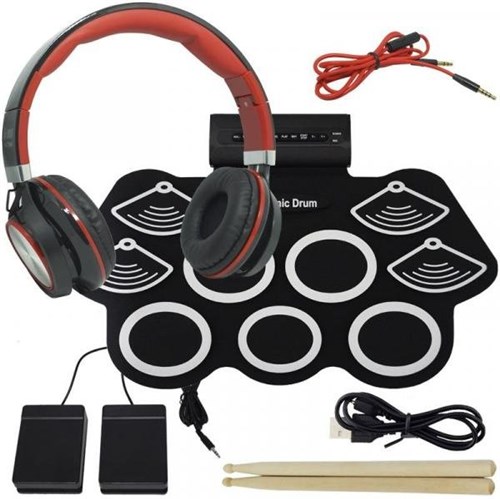 Bateria Eletrônica Musical Silicone Digital 9 Pads 2 Pedais Baqueta KH-W562 com Headfone - Elect Drum/infokit