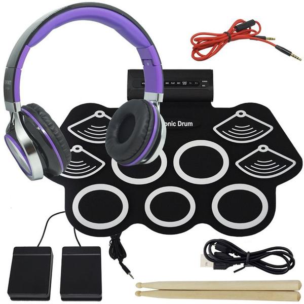 Bateria Eletrônica Musical Silicone Digital 9 Pads 2 Pedais Baqueta KH-W562 com Headfone - Elect Drum/infokit
