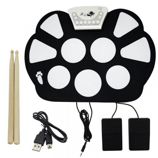 Bateria Elêtronica Musical Silicone Digital Roll Up Drum Kit 10 Pads 2 Pedais Baqueta KH-W758 Preta