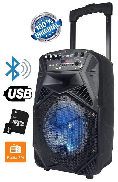 Caixa de Som Amplificada Rodinha Bluetooth Rádio Fm Usb Sd Saída Auxiliar 100W Bivolt Vicini VC-7101
