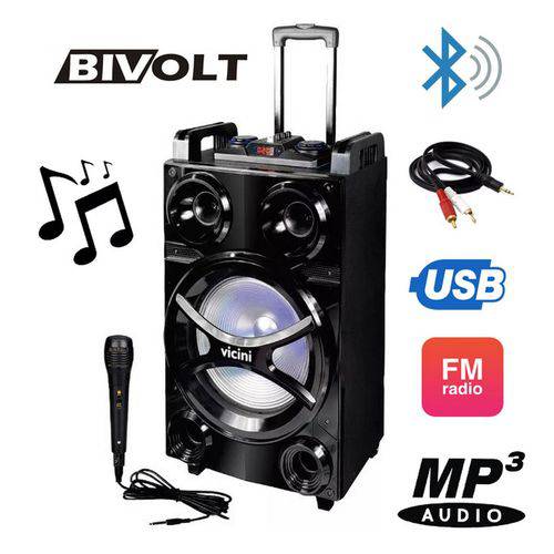 Caixa de Som Bluetooth Rodinhas Acústica 600w Vicini USB Fm Auxiliar Cartão Sd Microfone Alça Vc-7600