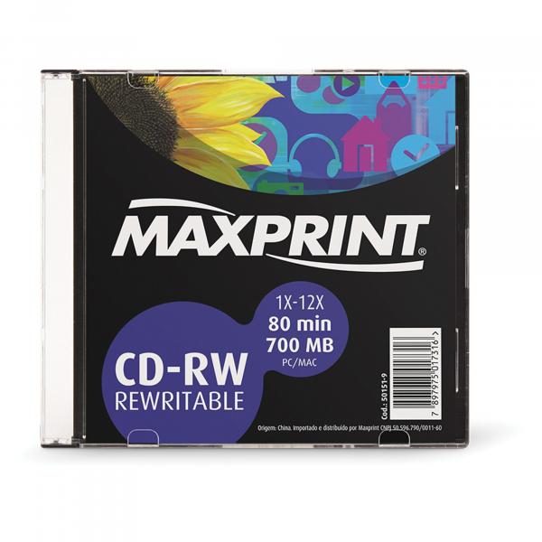CD Regravavel CD-RW 700MB/80MIN/12X SLIM Unidade Maxprint