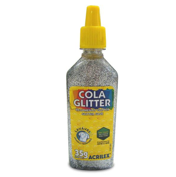 Cola Escolar Glitter Acrilex Prata 202 12 Tubos C/35ml