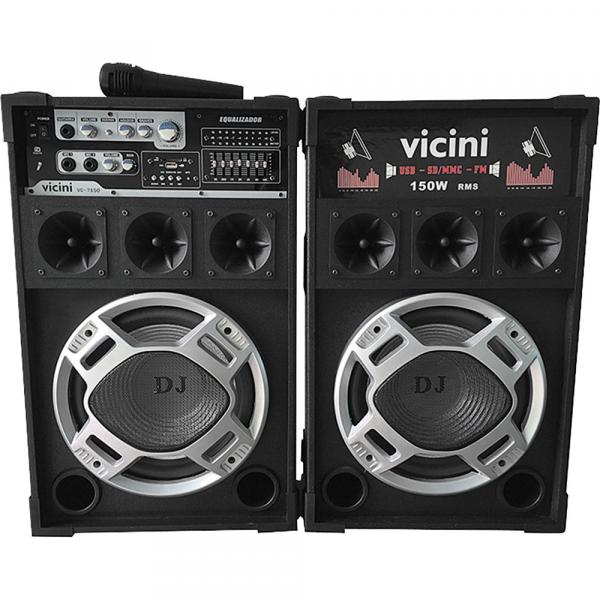 Conjunto 2 Caixas Acústicas com MP3 FM Microfone 150WRMS Entradas USB SD e Guitarra Vicini VC7150 - Preto