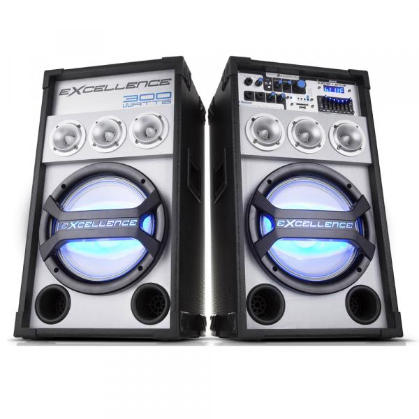 Conjunto de Caixas de Som Amplificadas NKS Excellence PK-3000 com 300W, Bluetooth, Rádio FM e Microfone com Fio - Preta