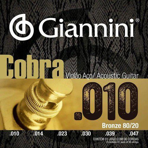Encordoamento Cordas Violão Aço 010 Giannini Cobra 80/20
