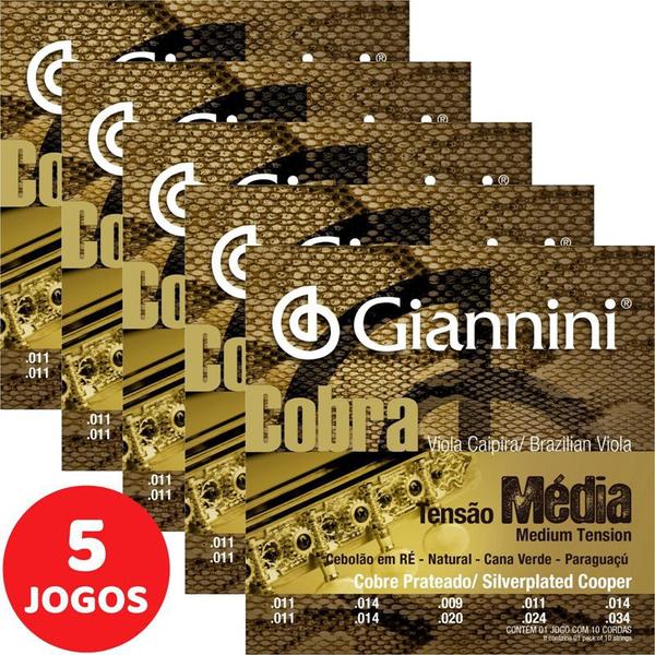 Encordoamento para Viola Caipira Giannini Cobra Tensão Média Cobre Prateado GESVM - Kit com 5 Unidades