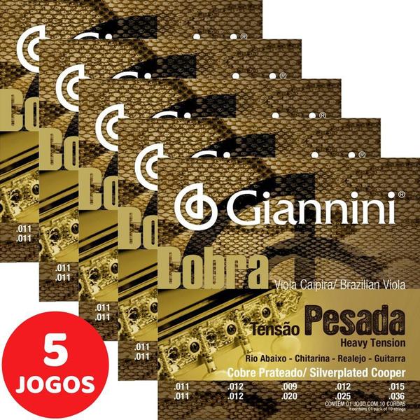 Encordoamento para Viola Caipira Giannini Cobra Tensão Pesada Cobre Prateado GESVP - Kit com 5 Unidades