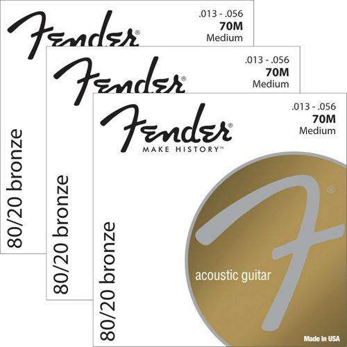 Encordoamento para Violão Aço 013 Fender 80/20 Bronze 70M - Kit com 3 Unidades