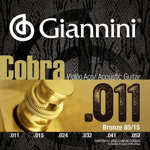 Encordoamento para Violão Aço com Bolinha, Série Cobra, Revestimento Bronze 85/15 0.011-0.052 - Geeflk - Giannini