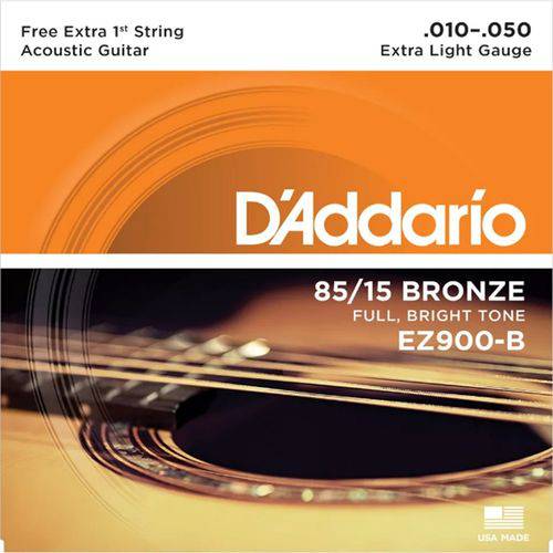 Encordoamento para Violão Aço D'Addario EZ900-B (.010-.050) (com 1ª Corda Mi Extra) Bronze 85/15