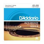 Encordoamento para Violão Aço D'Addario EZ910-B (.011-.052) (Com 1ª Corda Mi Extra) Bronze 85/15