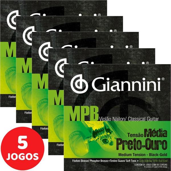 Encordoamento para Violão Nylon Giannini MPB Tensão Média Preto-Ouro GENWBG - Kit com 5 Unidades