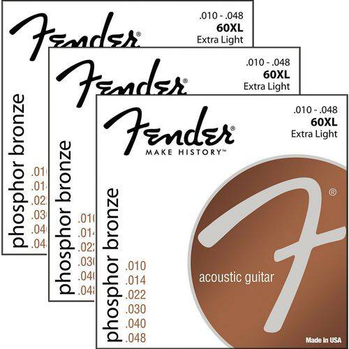 Encordoamento Violão Aço 010 Fender Phosphor Bronze 60XL - Kit com 3 Unidades
