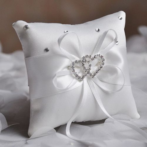 Genérico Branco Double Heart Rhinestone Anel de Casamento Pillow 6 Polegadas X 6 Polegadas (estilo 2)