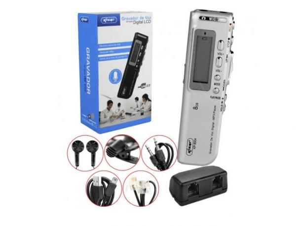 Gravador de Voz Espião Digital Mp3 +microfone +fone Knup KP-8004 Prata - Prata