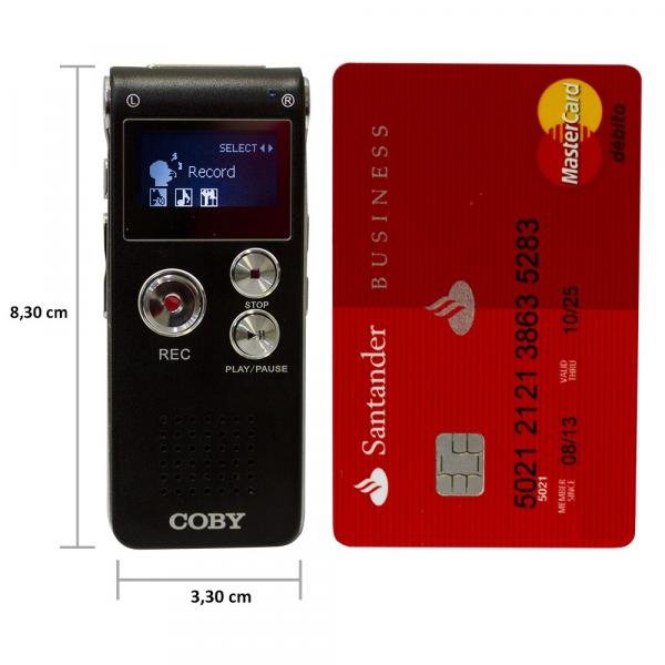 Gravador Digital de Voz Coby Até 550h, 8GB, USB, MP3 e Fone de Ouvido