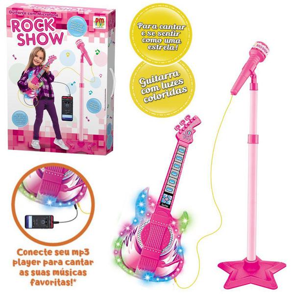 Guitarra com Microfone Musical Infantil Rock Show com Pedestal Rosa e Cabo P2 e Luz a Pilha - Kopeck