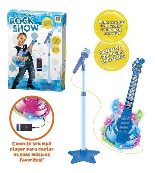 Guitarra com Microfone Rock Show com Luzes Coloridas Azul - Dm Toys