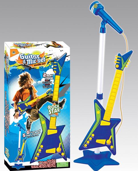 Guitarra Eletronica Microfone Karaoke Pedestal Azul - Mc18046 - Mega Compras