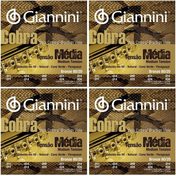 Jogo de Cordas para Viola Caipira Giannini Cobra Tensão Média Bronze 80/20 CV82M - Kit com 4 Unidades