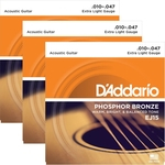 Jogo de Cordas Violão Aço 010 D'addario Phosphor Bronze EJ15 Extra Light - Kit Com 3 Un.