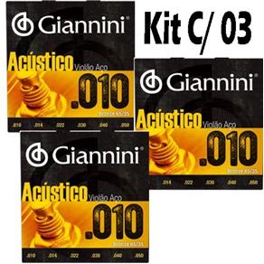Kit 03 Jogos Cordas Violão Série Acústico Aço 0.10 Giannini