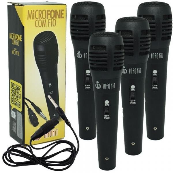 Kit 4 Microfones Dinâmico com Fio P10 1,5 Metros para Karaokê e Caixa de Som Infokit MIC-PF10 Preto