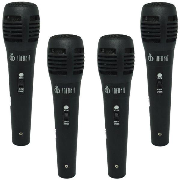 Kit 4 Microfones Dinâmico com Fio P10 1,5 Metros para Karaokê e Caixa de Som Infokit MIC-PF10 Preto