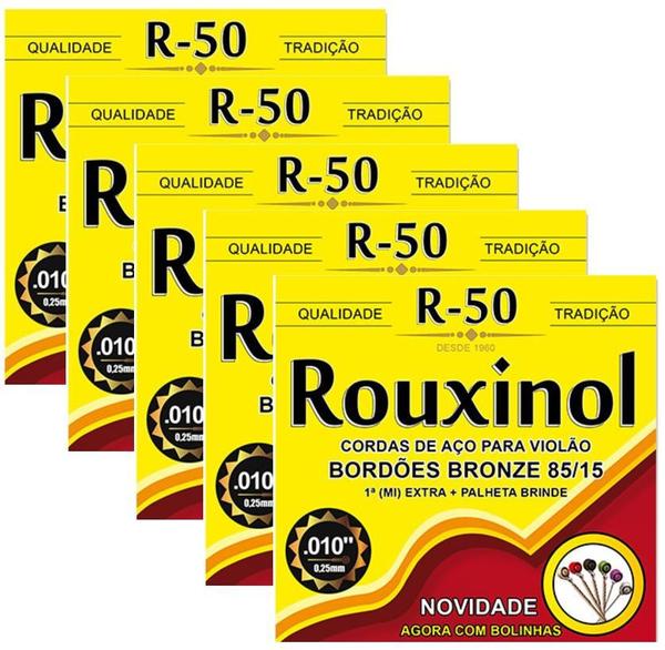 Kit 5 Encordoamentos Violao Aco Inox Rouxinol R50 com Bolinha