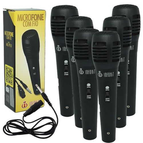 Kit 6 Microfones Dinâmico com Fio P10 1,5 Metros para Karaokê e Caixa de Som Infokit MIC-PF10 Preto