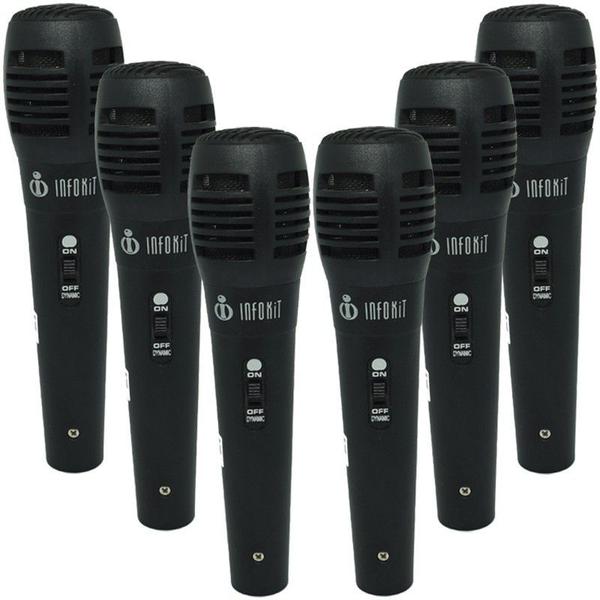 Kit 6 Microfones Dinâmico com Fio P10 1,5 Metros para Karaokê e Caixa de Som Infokit MIC-PF10 Preto