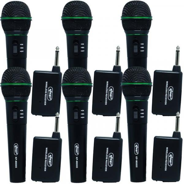 Kit 6 Microfones Sem Fio Profissional Wireless P10 para Karaokê e Caixa de Som Knup KP-M0005 Preto