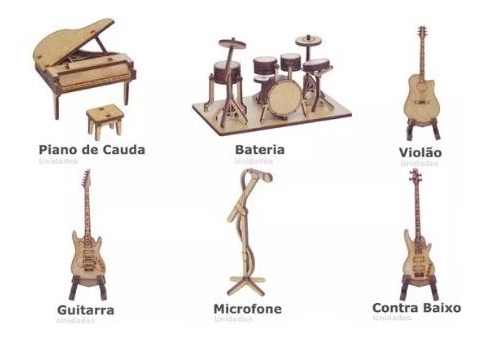 Kit 6 Miniatura Instrumentos Musicais Piano Guitarra Mdf - Woodplan