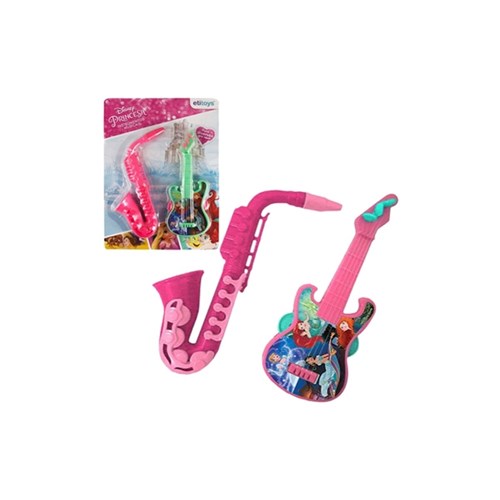 Kit Bandinha Instrumentos Musicais Infantil Criança Princesas Disney 2 Peças Saxofone e uma Guitarra Pandeiro