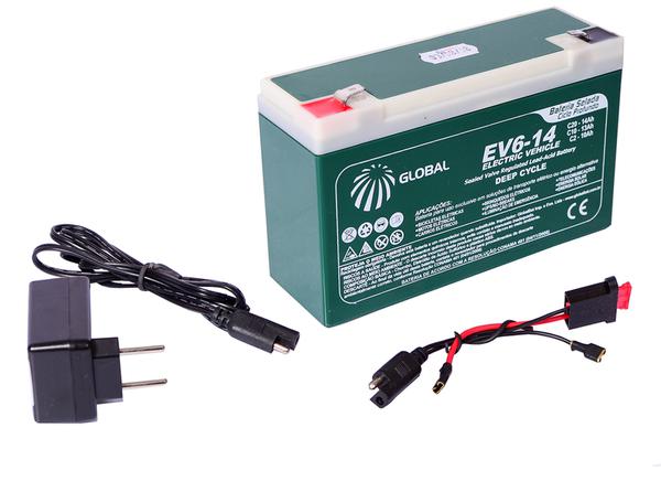 Kit Bateria 6v 14ah + Carregador + Chicote - Moto Elétrica - Global