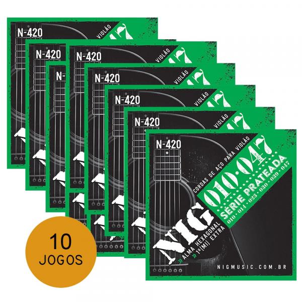 KIT C/ 10 Encordoamentos NIG N420 P/ Violão Aço 10/47 - EC0238K10 - Nig Strings
